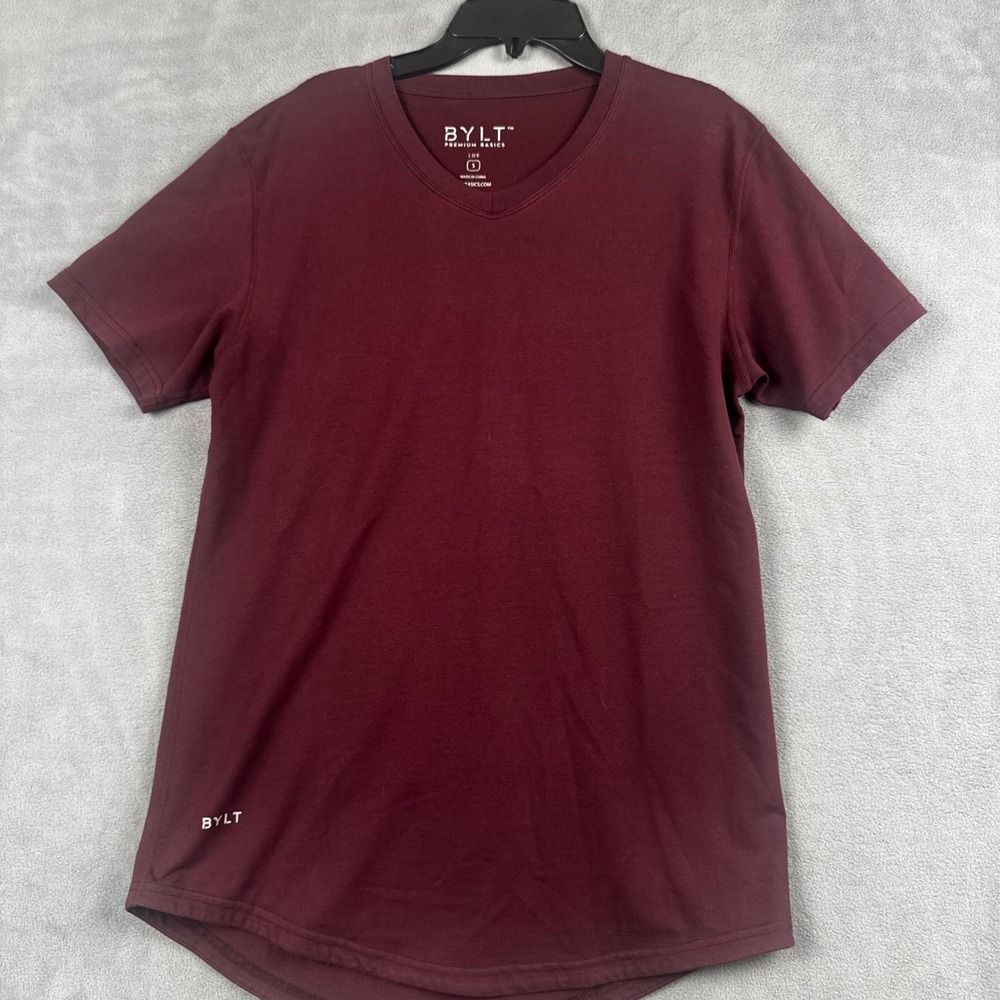 BYLT Premium Basics Lux V-Neck T-Shirt Burgundy Maroon Small Curved Hem Tee